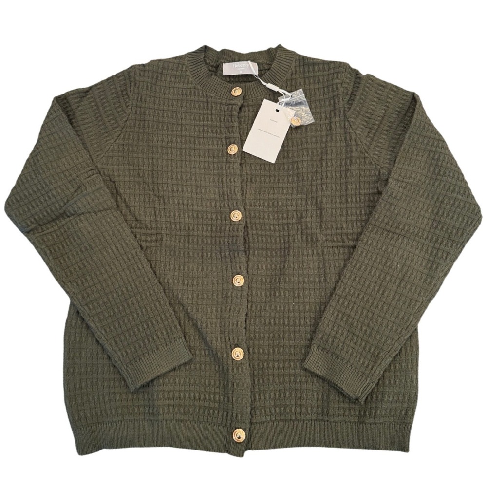 Hobemty Women Olive Green Textured Knit Cardigan Gold Button Round Neck Size M
